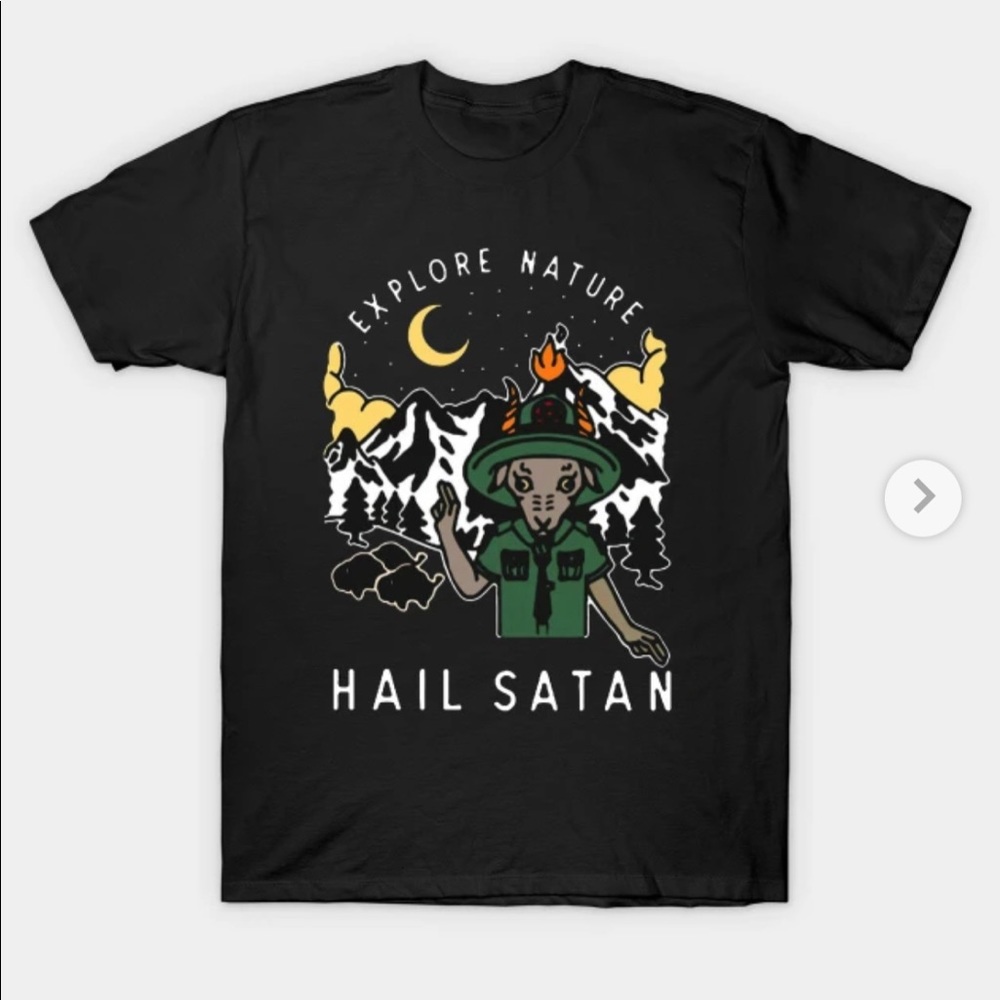 Black graphic t shirt “explore nature hail satan”